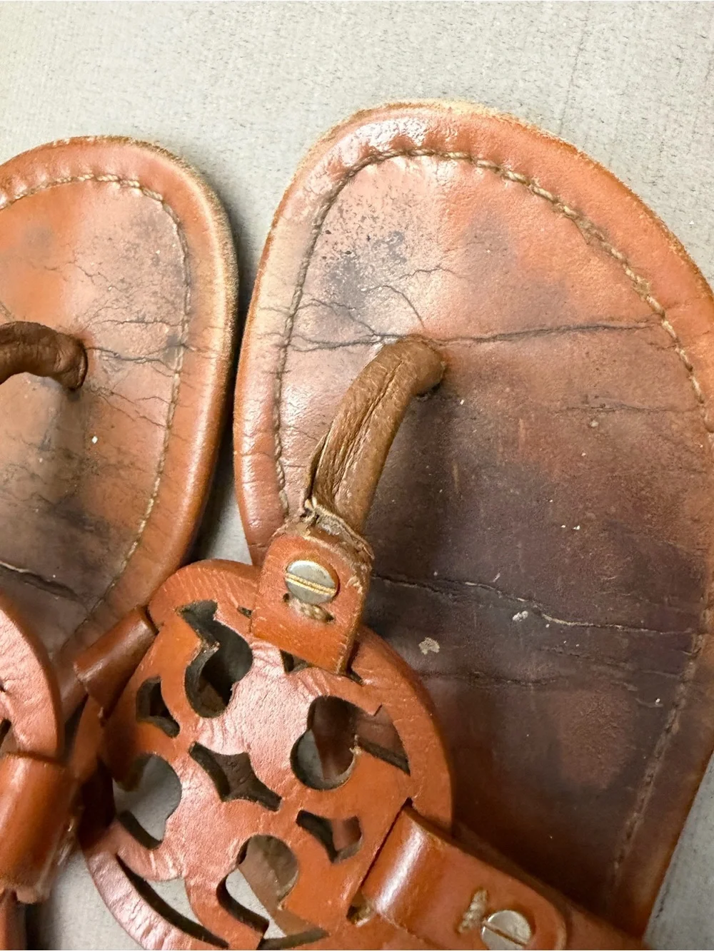 Tory Burch chestnut Miller sandals Women's Brown Leather Cutout Toe-Post Sandals